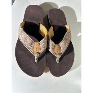 L.L.Bean Womens Size 9 Brown Floral Flip-Flops With Cushioned Sole & Woven Strap